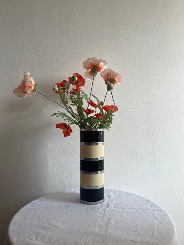 TALL BLACK & CREAM STRIPED CHROME VASE