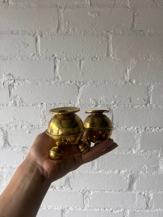 PAIR OF SMALL BRASS SPHERE CANDLE HOLDERS