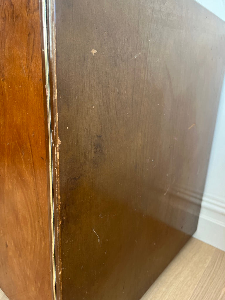 SMALL WALNUT VENEER RECORD CABINET WITH BRASS DETAILS