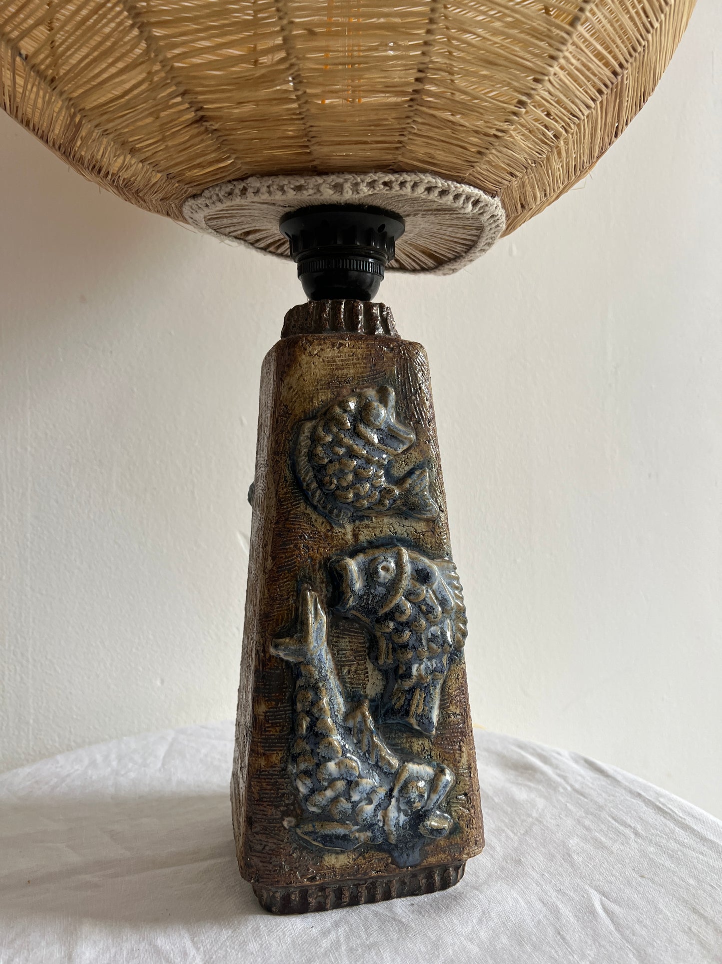 SWEDISH CERAMIC FISH LAMP WITH RATTAN GLOBE SHADE