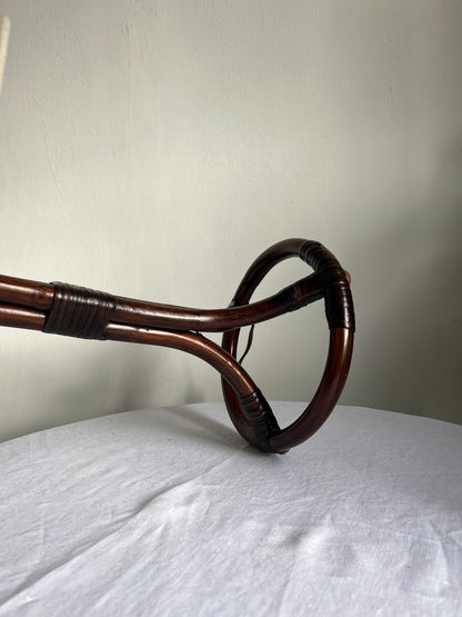 Mid Century Swedish rattan circular based lamp with linen shade