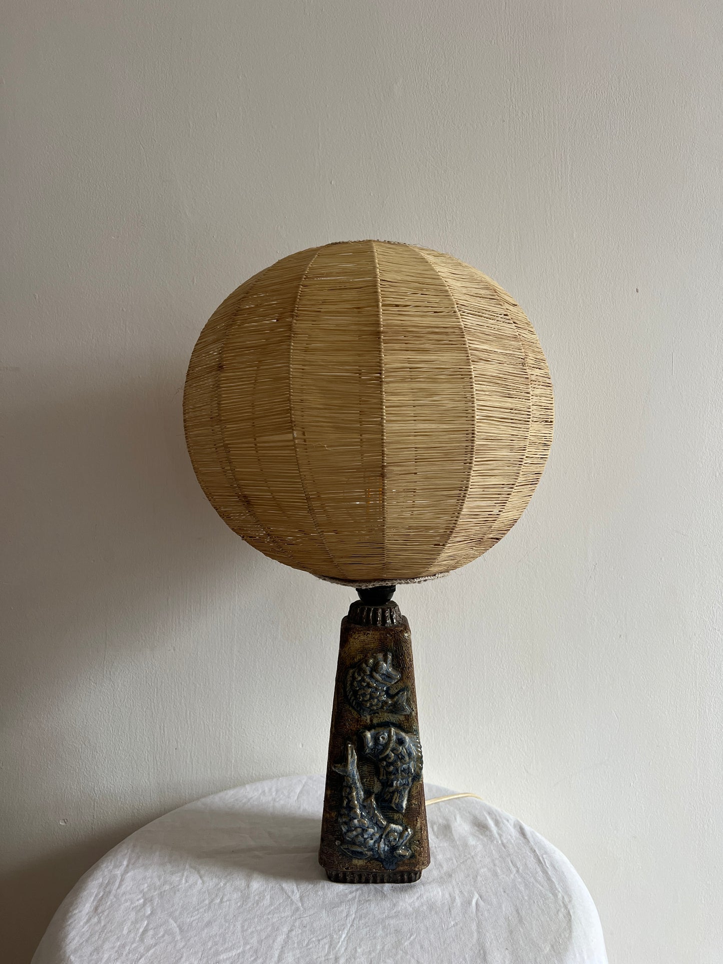 SWEDISH CERAMIC FISH LAMP WITH RATTAN GLOBE SHADE