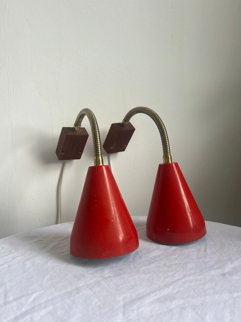 Pair of vintage red wall light with brass bendable arms