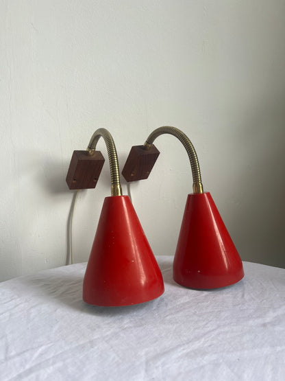 Pair of vintage red wall light with brass bendable arms