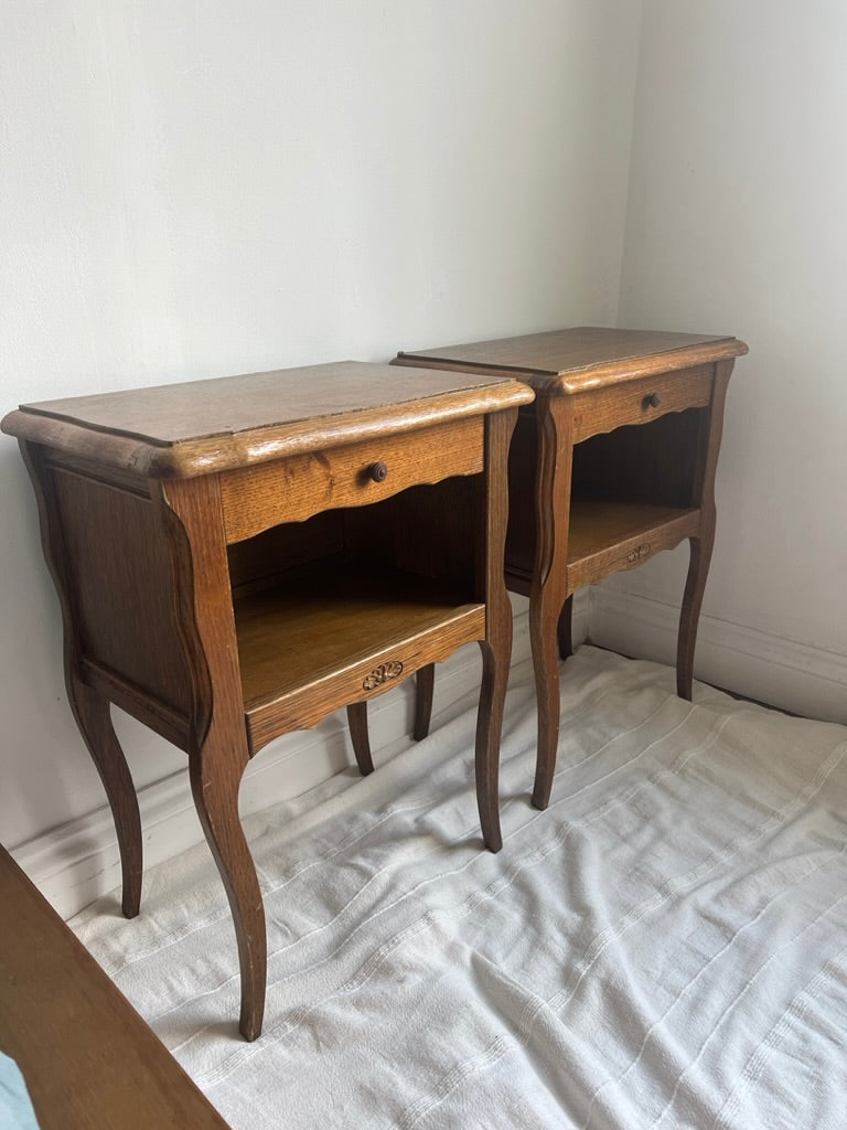 Pair of French matching oak bedside tables with drawers