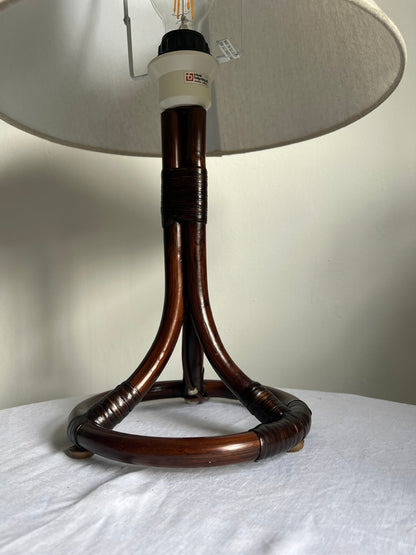 Mid Century Swedish rattan circular based lamp with linen shade