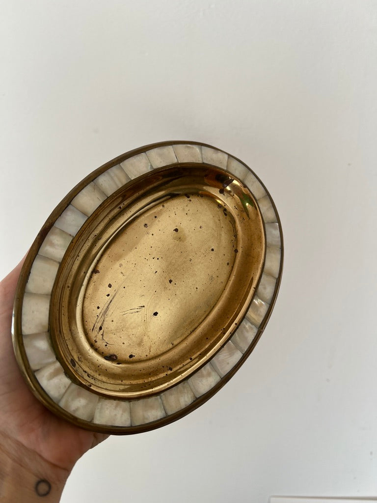 SMALL BRASS TRAY WITH MOTHER OF PEARL BORDER
