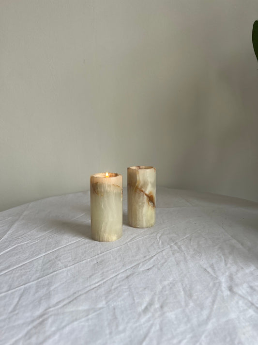 Pair of onyx cylinder tea light holders
