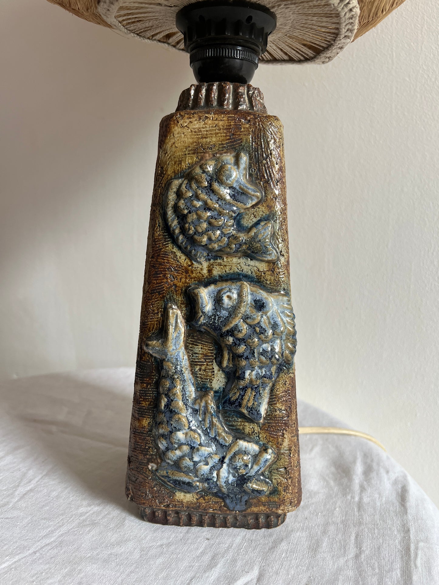 SWEDISH CERAMIC FISH LAMP WITH RATTAN GLOBE SHADE
