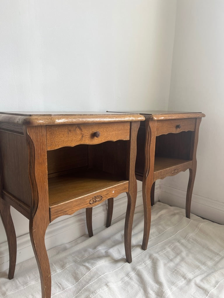 Pair of French matching oak bedside tables with drawers