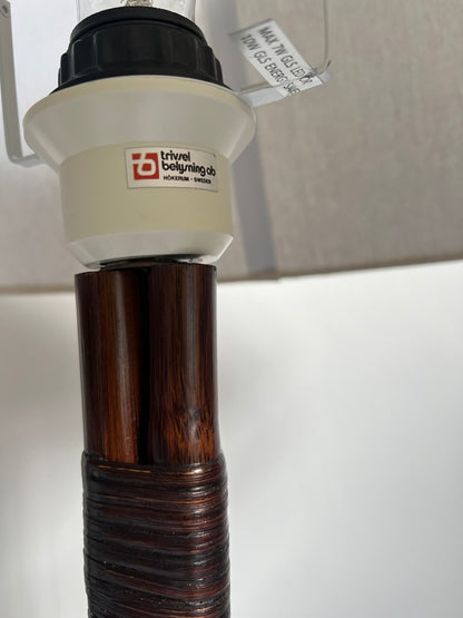 Mid Century Swedish rattan circular based lamp with linen shade