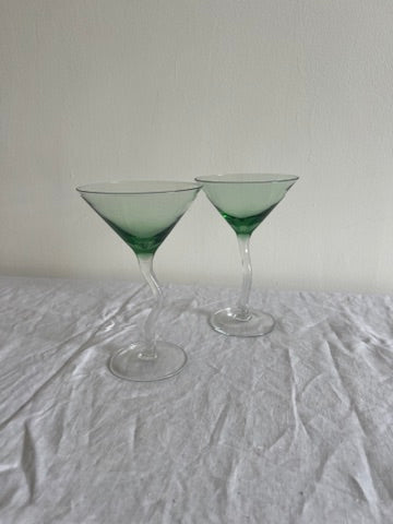 PAIR OF GREEN ZIG ZAG MARTINI GLASSES