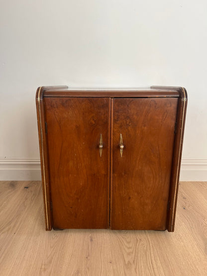 SMALL WALNUT VENEER RECORD CABINET WITH BRASS DETAILS