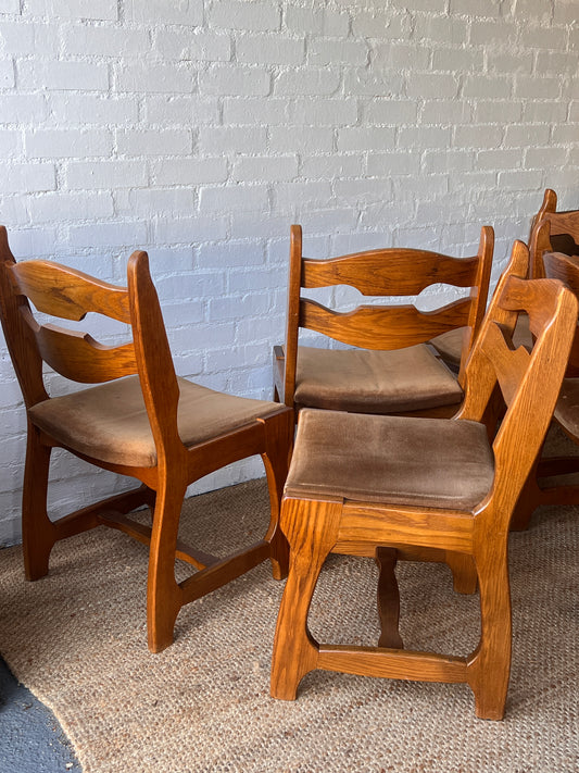 SET OF SIZE OAK & BROWN VELVET DINING CHAIRS