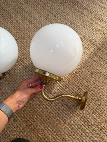 PAIR OF BRASS GLOBE LIGHTS