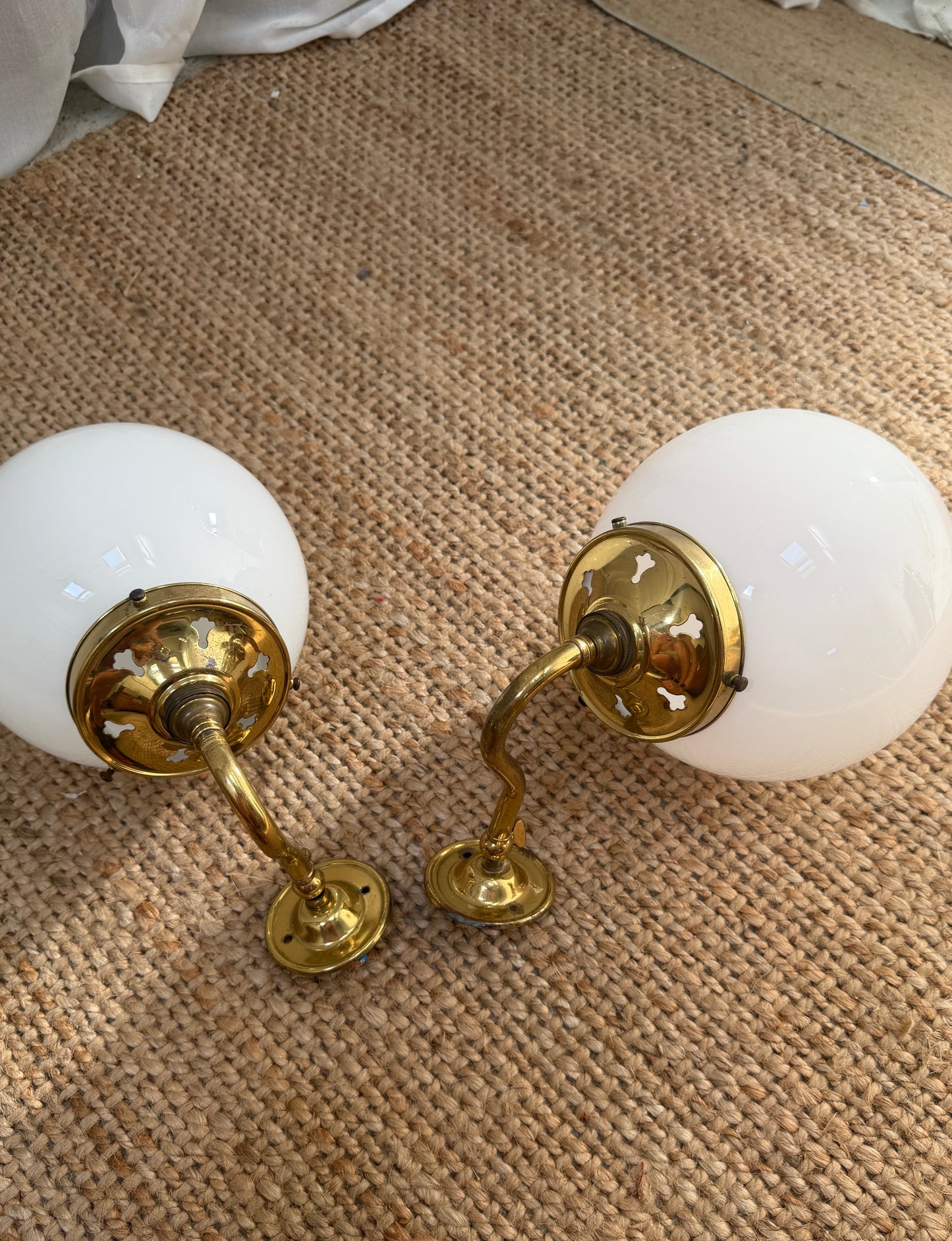 PAIR OF BRASS GLOBE LIGHTS