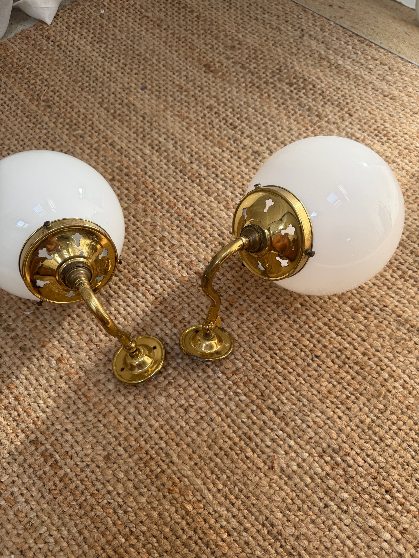 PAIR OF BRASS GLOBE LIGHTS