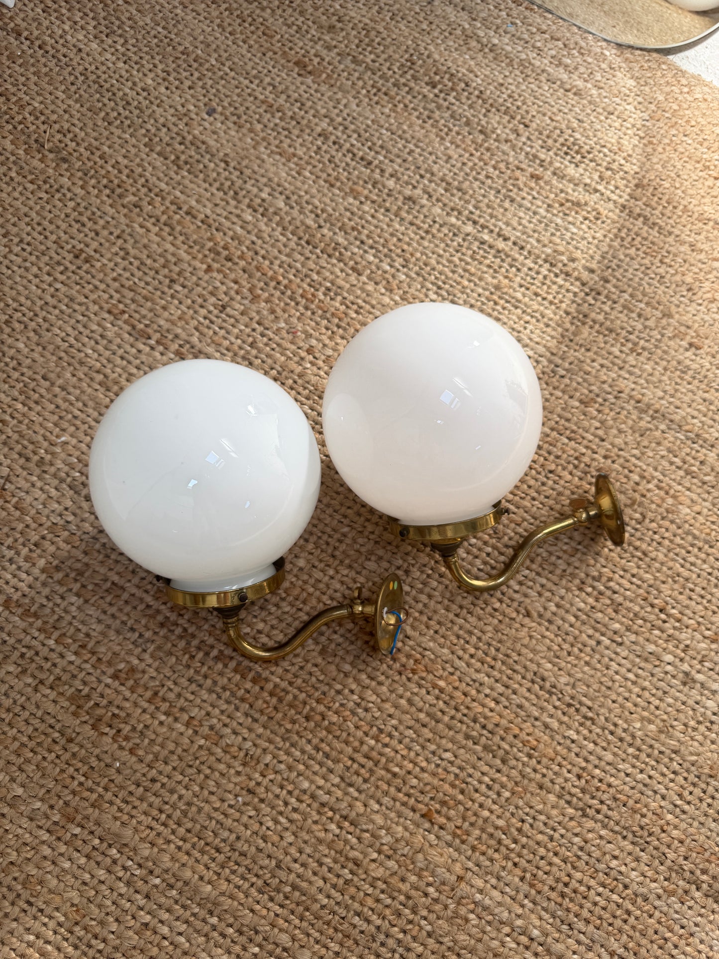 PAIR OF BRASS GLOBE LIGHTS