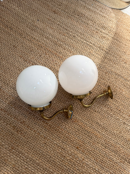 PAIR OF BRASS GLOBE LIGHTS