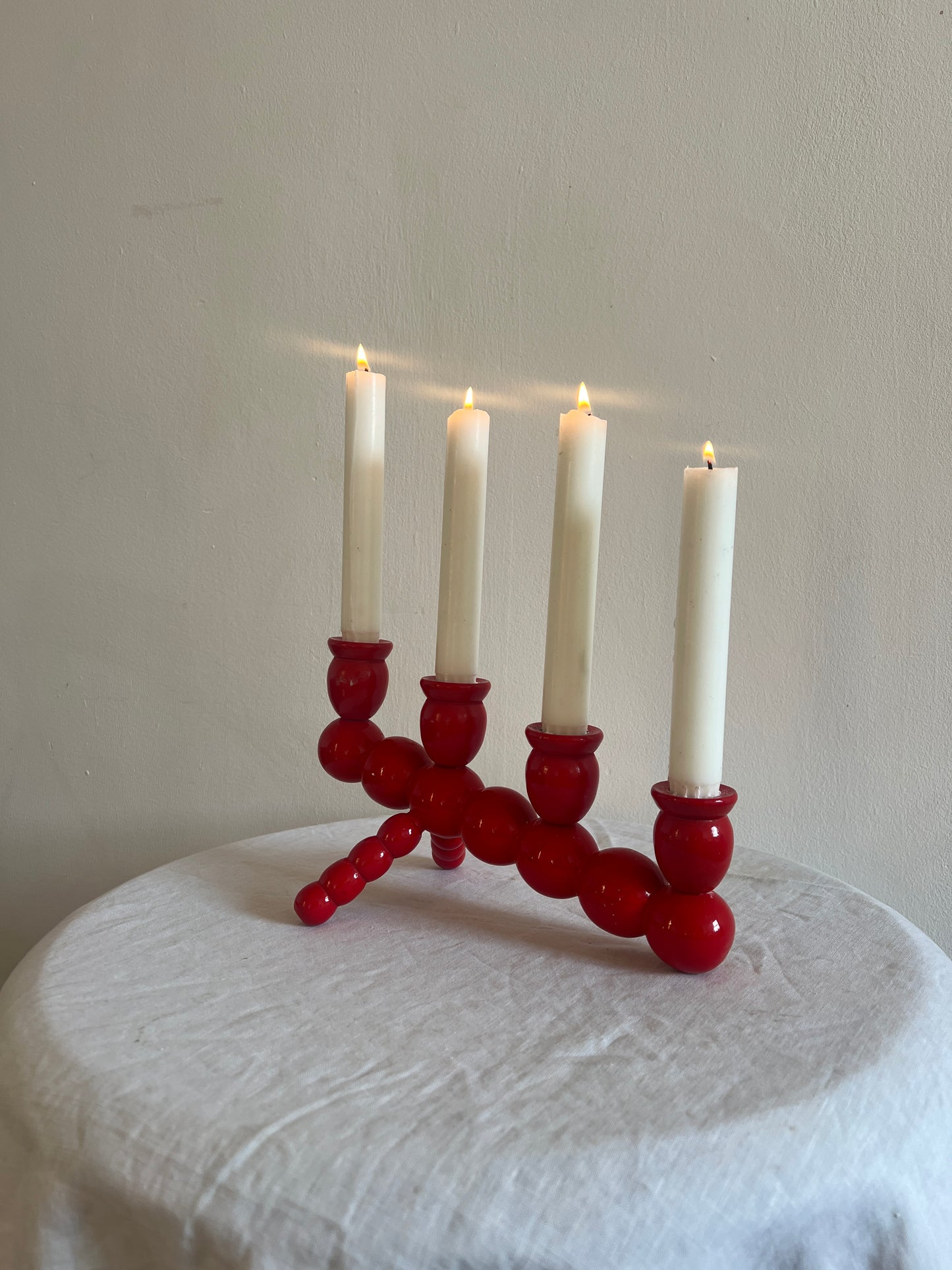 SWEDISH SLANTED RED BOBBIN FESTIVE CANDLE HOLDER