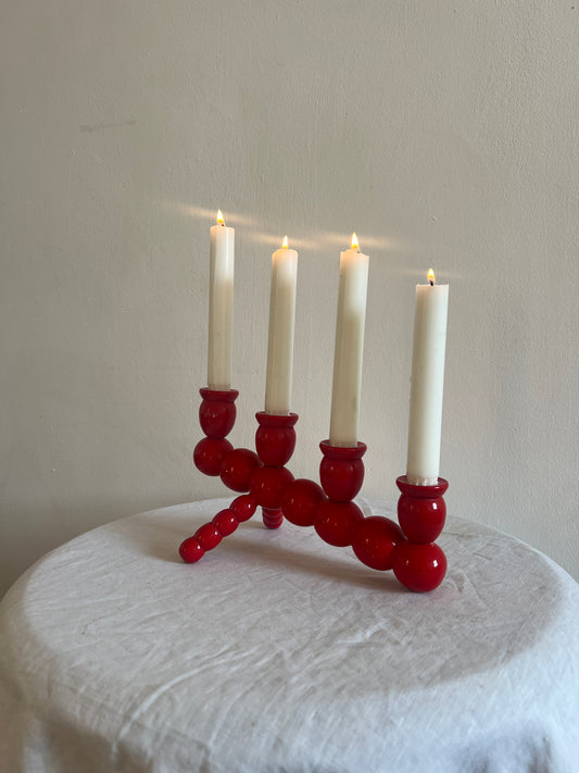 SWEDISH SLANTED RED BOBBIN FESTIVE CANDLE HOLDER
