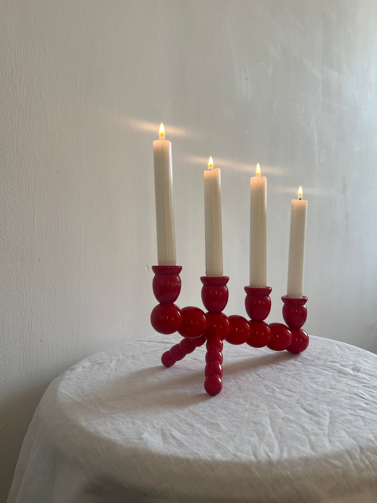 SWEDISH SLANTED RED BOBBIN FESTIVE CANDLE HOLDER