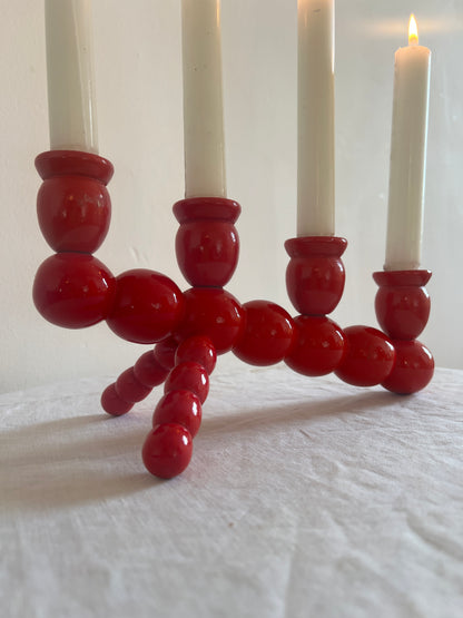 SWEDISH SLANTED RED BOBBIN FESTIVE CANDLE HOLDER