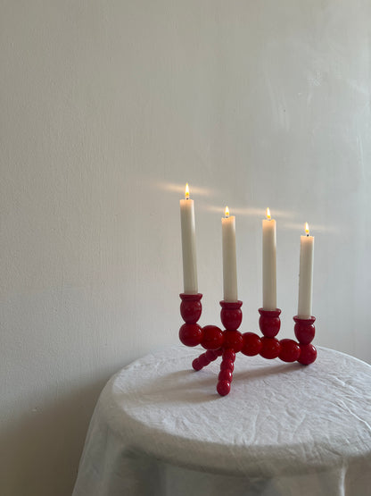 SWEDISH SLANTED RED BOBBIN FESTIVE CANDLE HOLDER