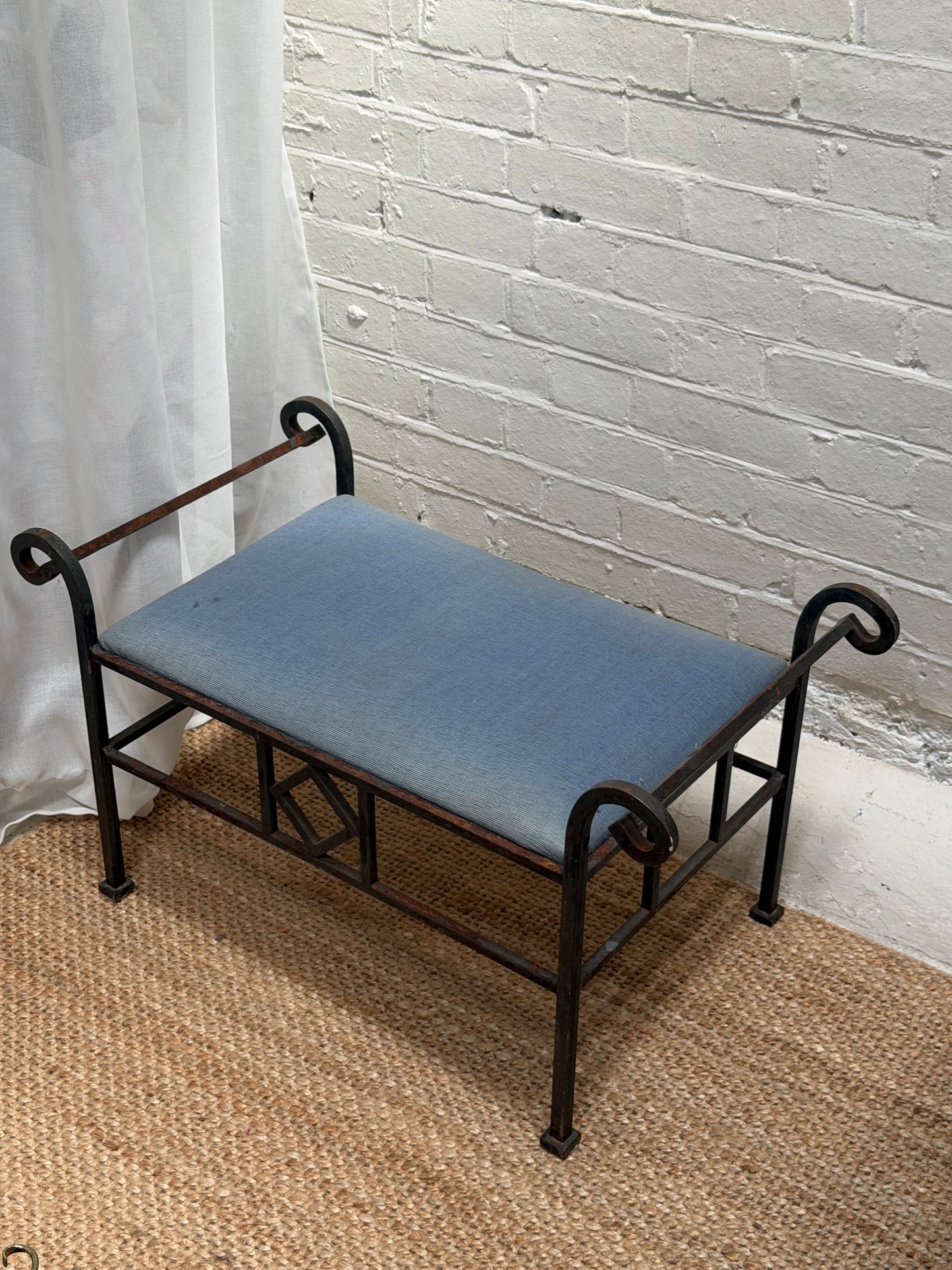 FRENCH IRON STOOL WITH BLUE SEAT PAD