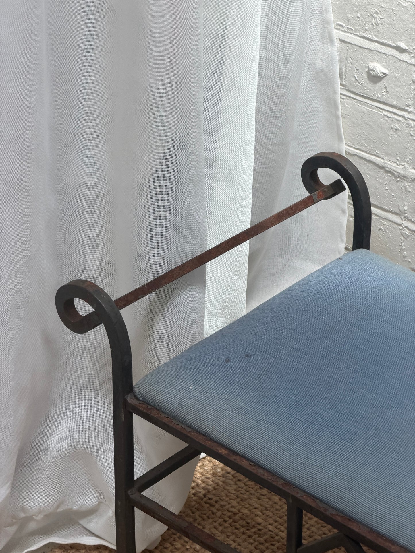 FRENCH IRON STOOL WITH BLUE SEAT PAD