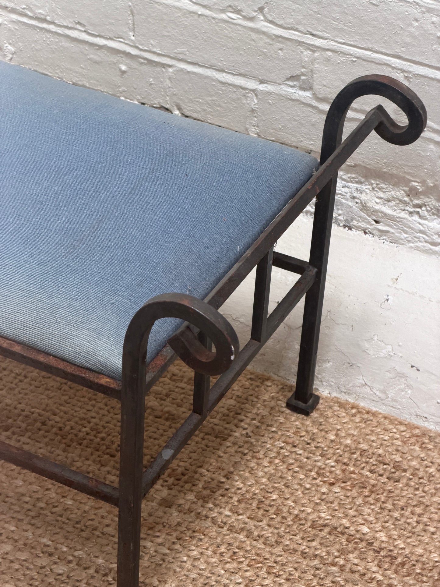 FRENCH IRON STOOL WITH BLUE SEAT PAD