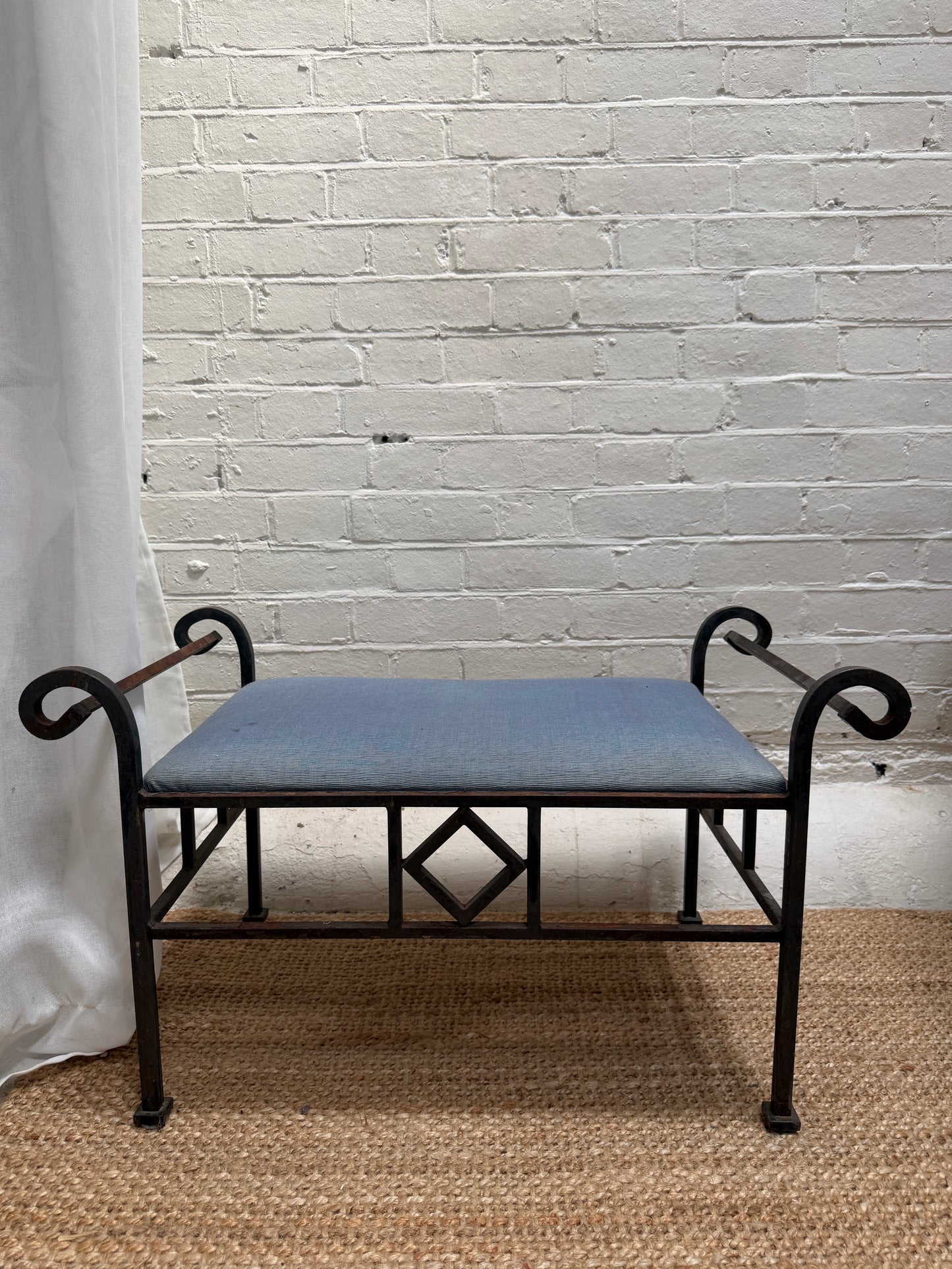 FRENCH IRON STOOL WITH BLUE SEAT PAD