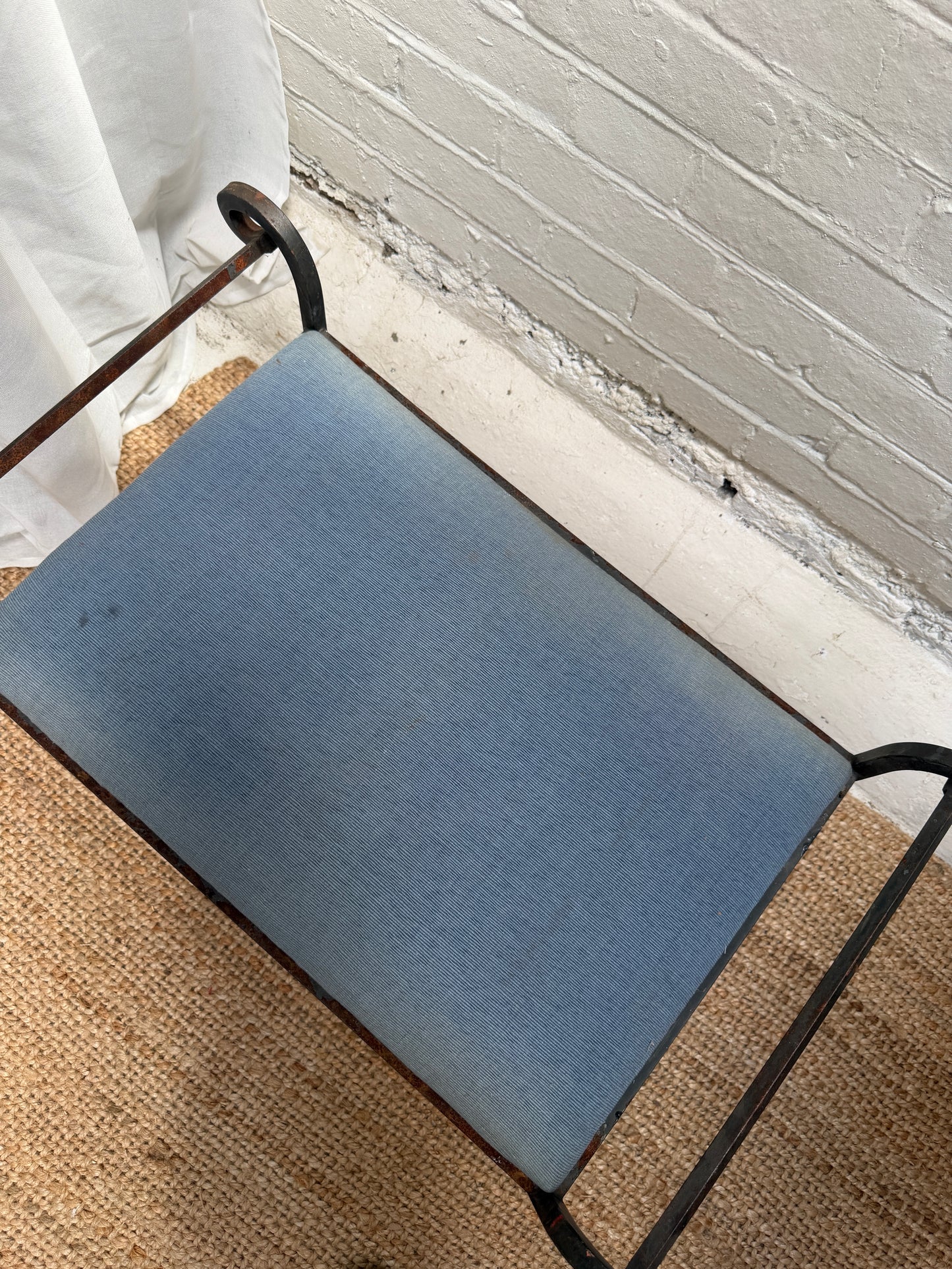 FRENCH IRON STOOL WITH BLUE SEAT PAD