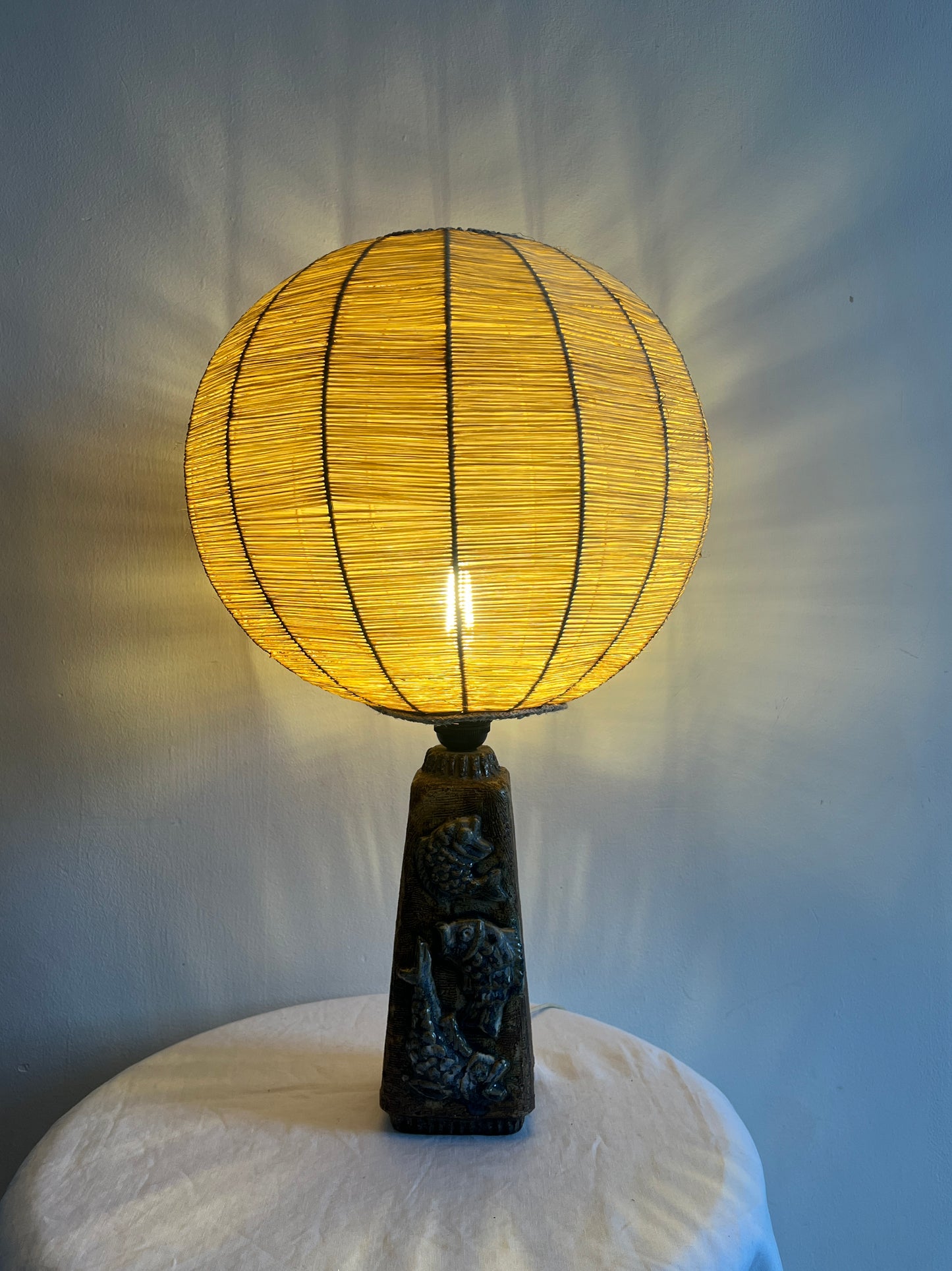 SWEDISH CERAMIC FISH LAMP WITH RATTAN GLOBE SHADE