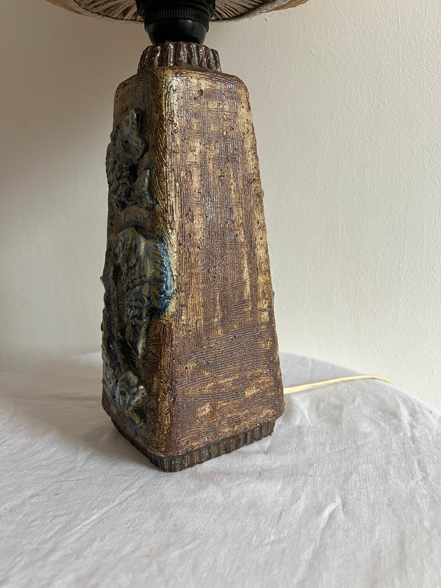 SWEDISH CERAMIC FISH LAMP WITH RATTAN GLOBE SHADE