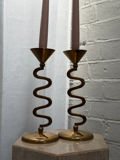 PAIR OF WIGGLE BRASS CANDLE STICKS