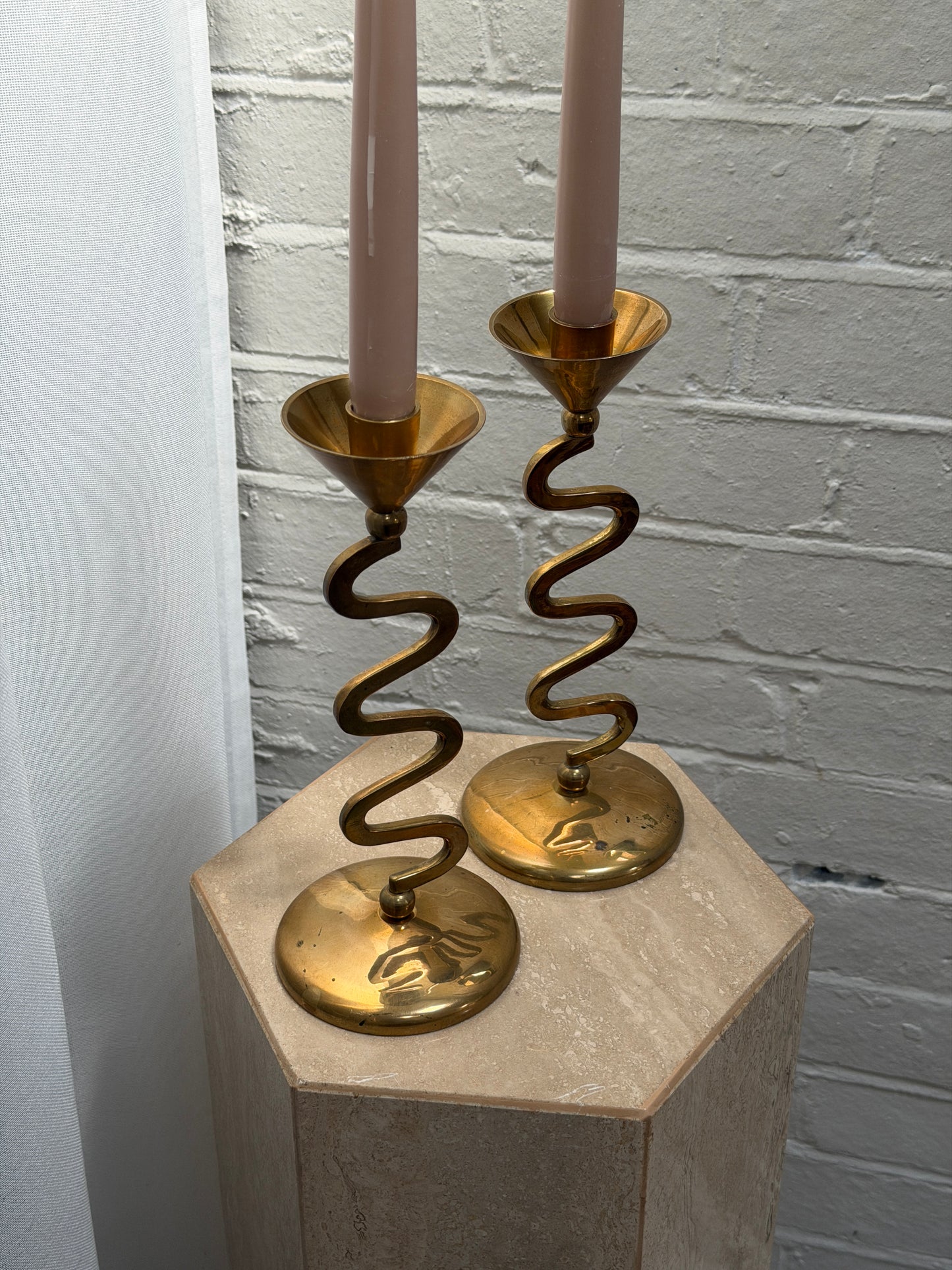PAIR OF WIGGLE BRASS CANDLE STICKS