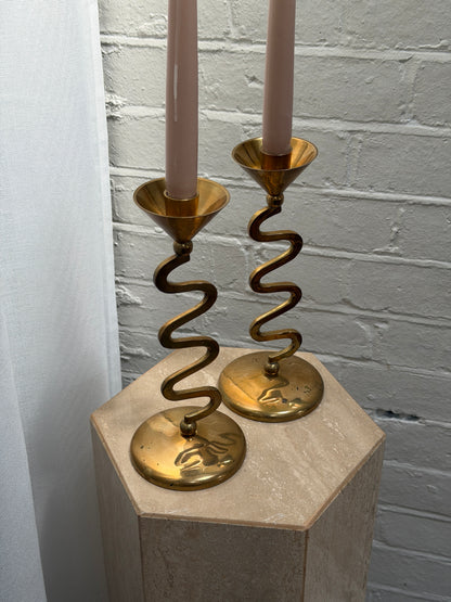 PAIR OF WIGGLE BRASS CANDLE STICKS