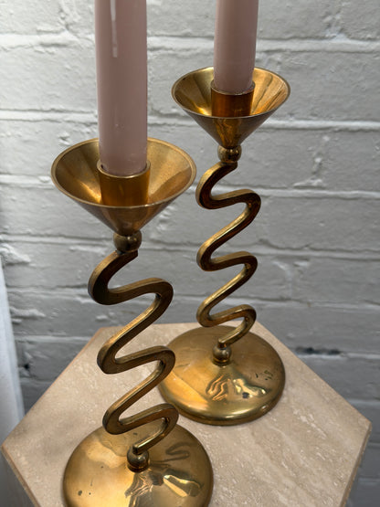 PAIR OF WIGGLE BRASS CANDLE STICKS