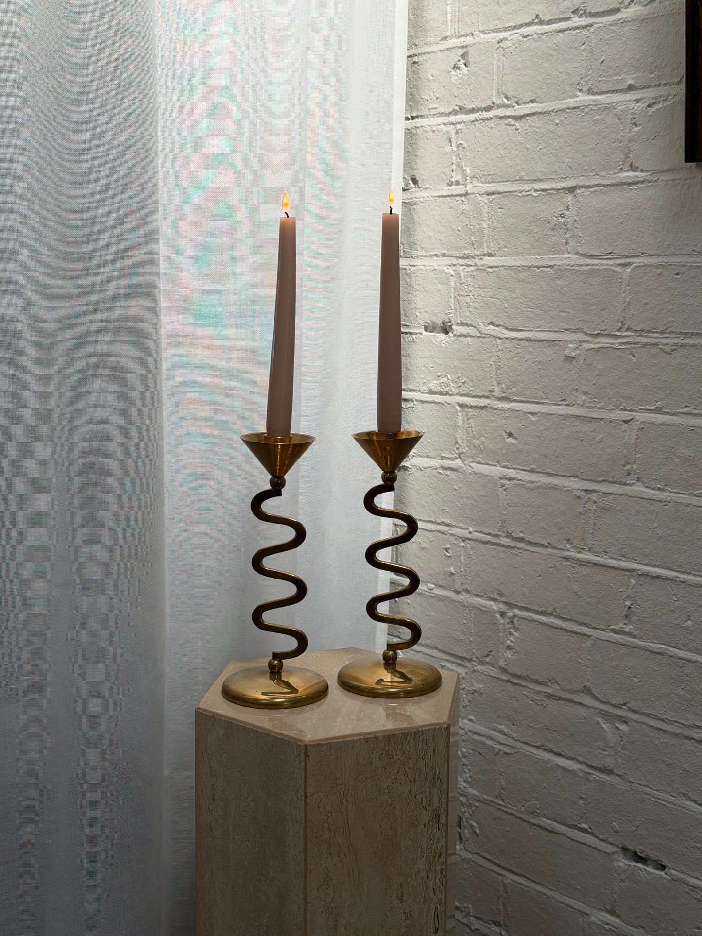 PAIR OF WIGGLE BRASS CANDLE STICKS