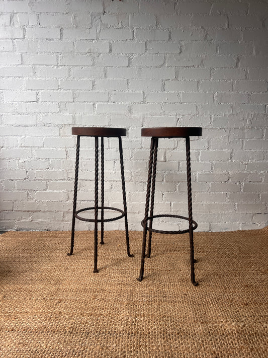 PAIR OF BRUTALIST WROUGHT IRON BAR STOOLS