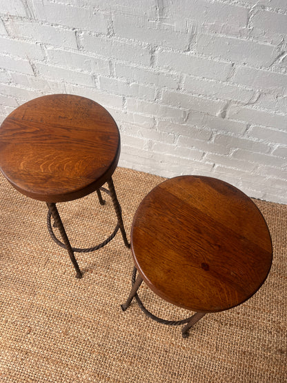 PAIR OF BRUTALIST WROUGHT IRON BAR STOOLS