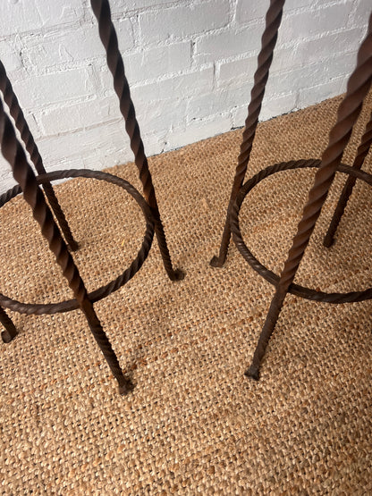 PAIR OF BRUTALIST WROUGHT IRON BAR STOOLS