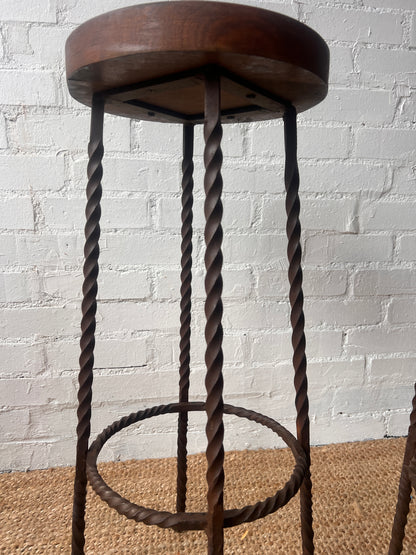 PAIR OF BRUTALIST WROUGHT IRON BAR STOOLS