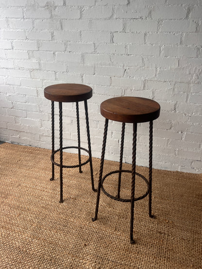 PAIR OF BRUTALIST WROUGHT IRON BAR STOOLS