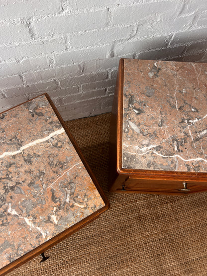 PAIR OF MARBLE TOP BEDSIDE TABLES