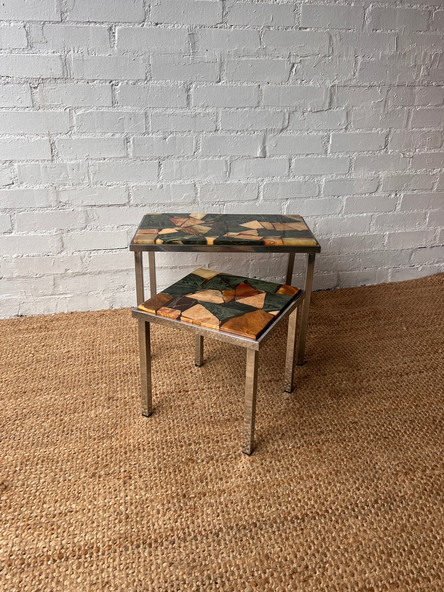 60S PAIR OF CHROME STONE TOPPED TABLES