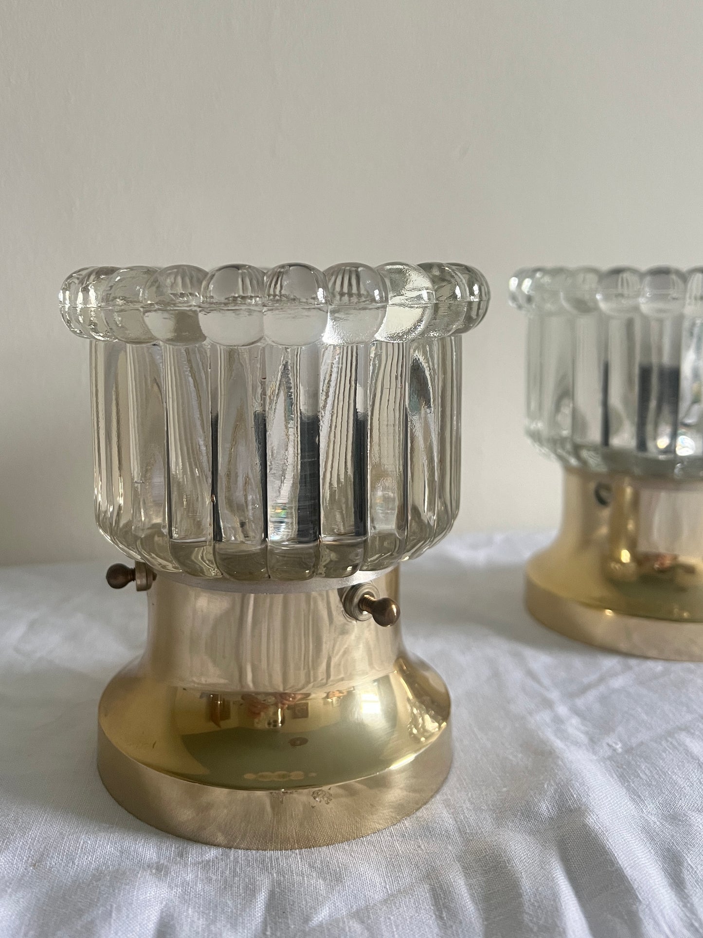 PAIR OF BRASS AND GLASS LIGHTS