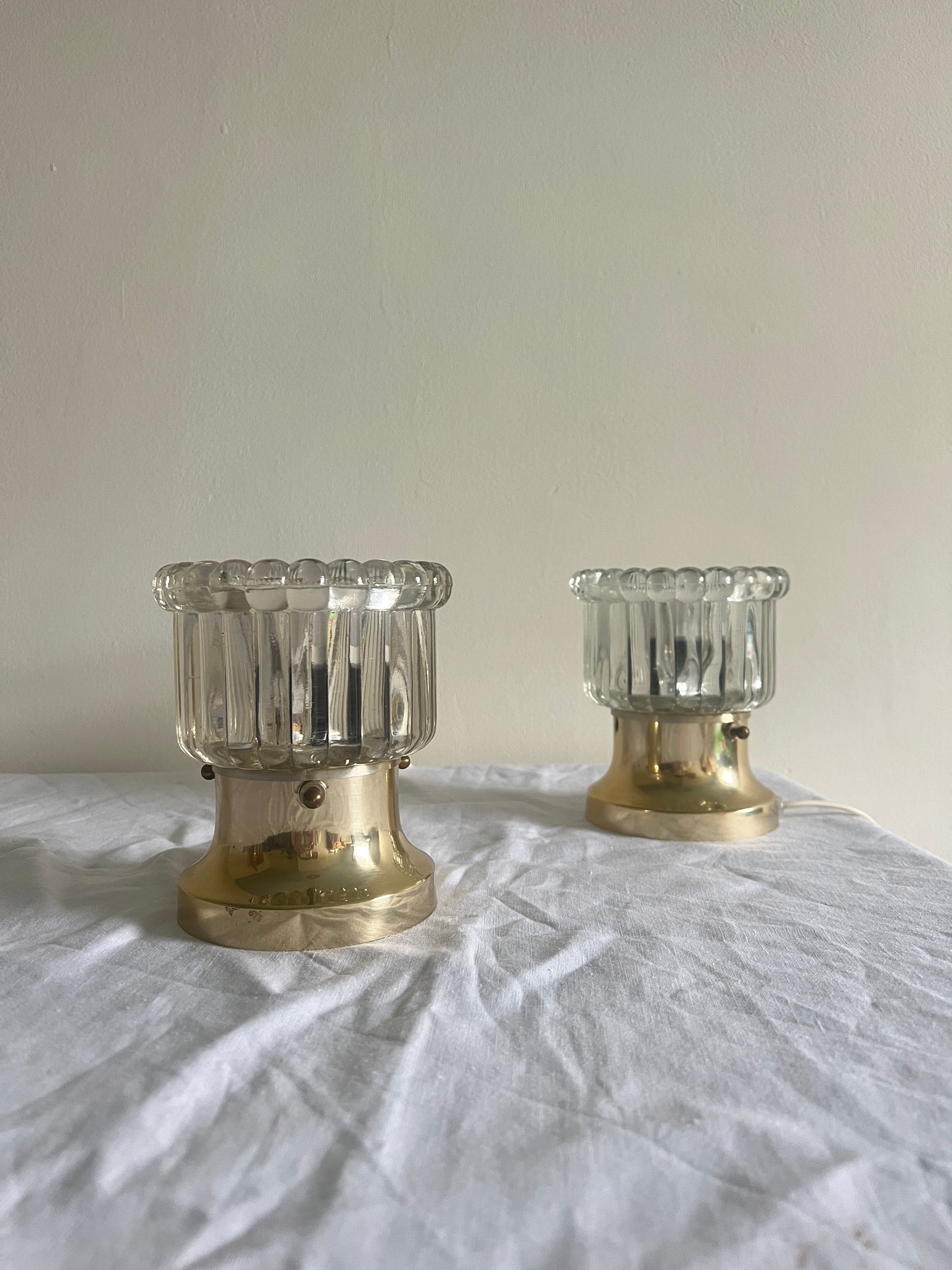 PAIR OF BRASS AND GLASS LIGHTS