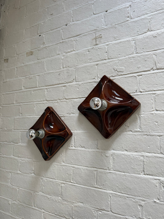 PAIR OF BROWN CERAMIC WALL LIGHTS